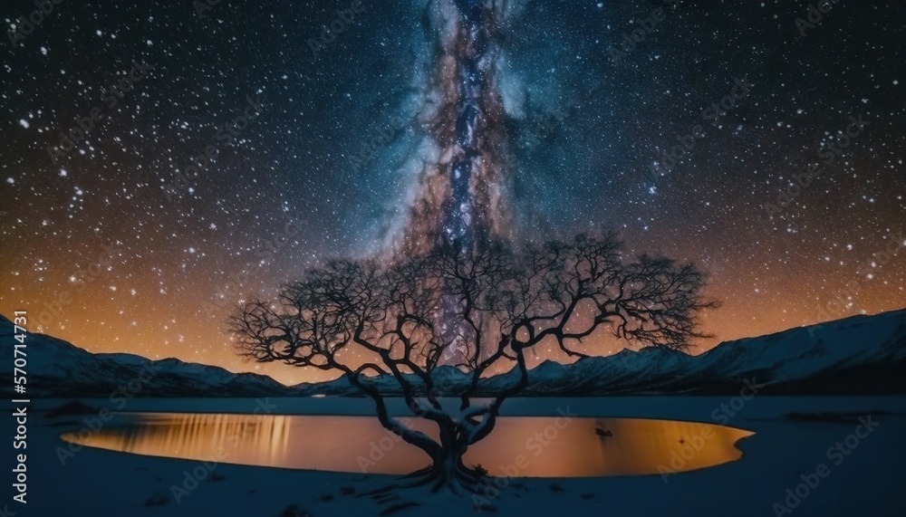  a lone tree in the middle of a lake under a night sky filled with stars and the milky in the distan