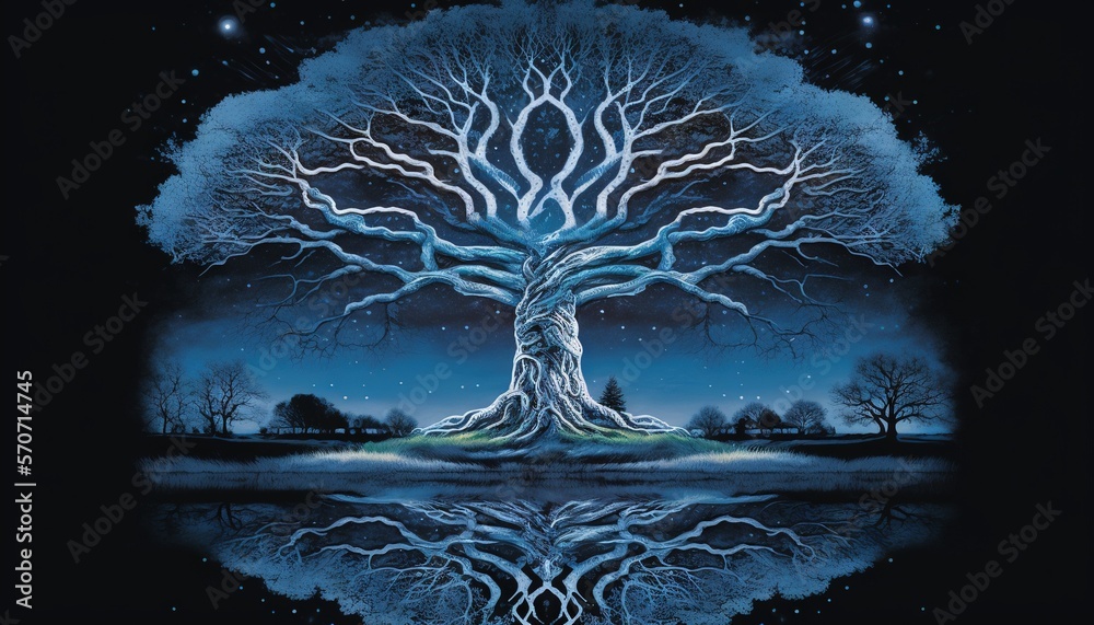  a painting of a tree reflecting in a body of water at night with stars in the sky and a full moon i