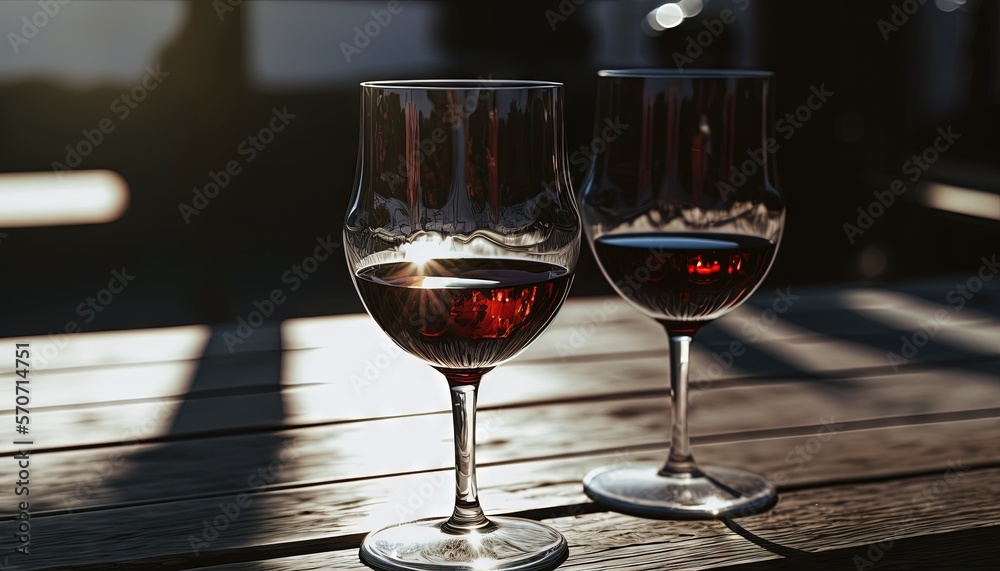  two wine glasses sitting on a wooden table with sunlight shining on them and a shadow cast on the t