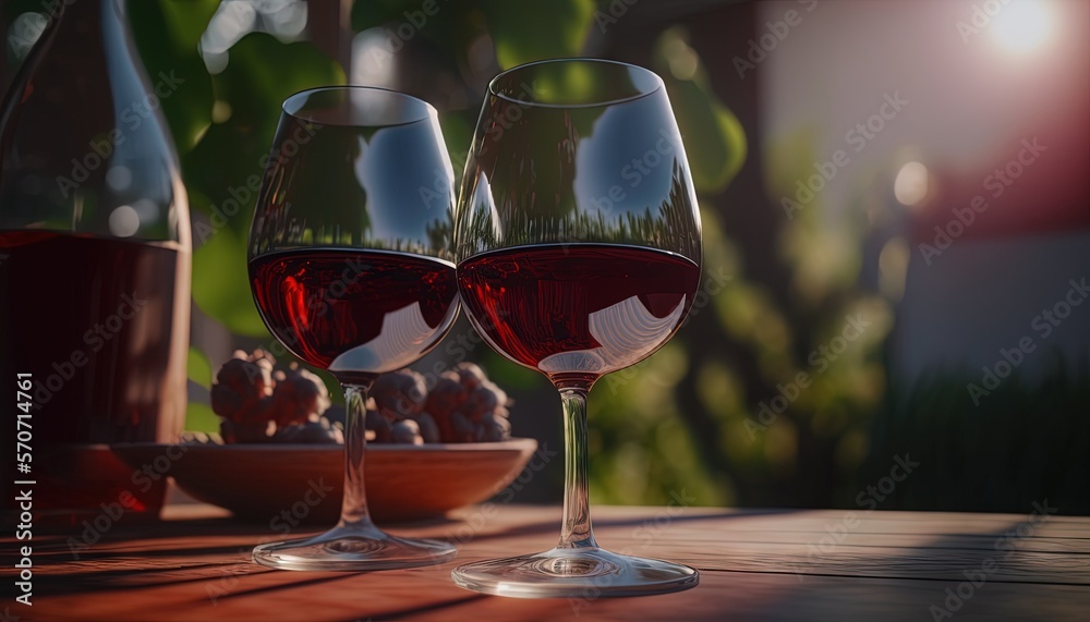  two glasses of red wine on a table with a bowl of grapes and a bottle of wine in the background on 