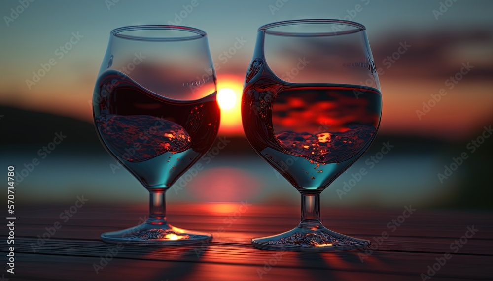  two glasses of wine sitting on a table with the sun setting in the background and a reflection of t