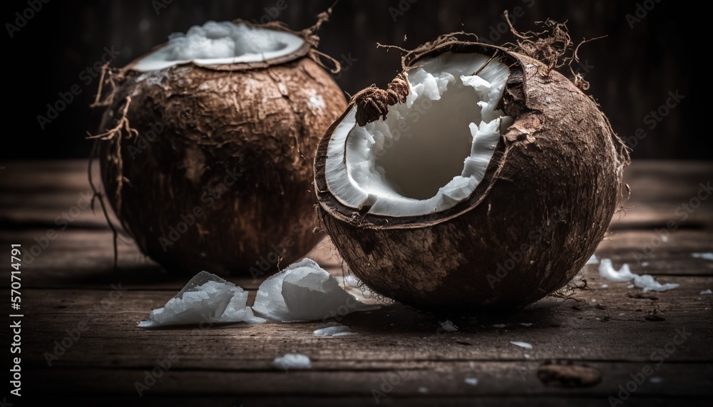  a couple of coconuts sitting on top of a wooden table next to a pile of shredded coconuts on top of