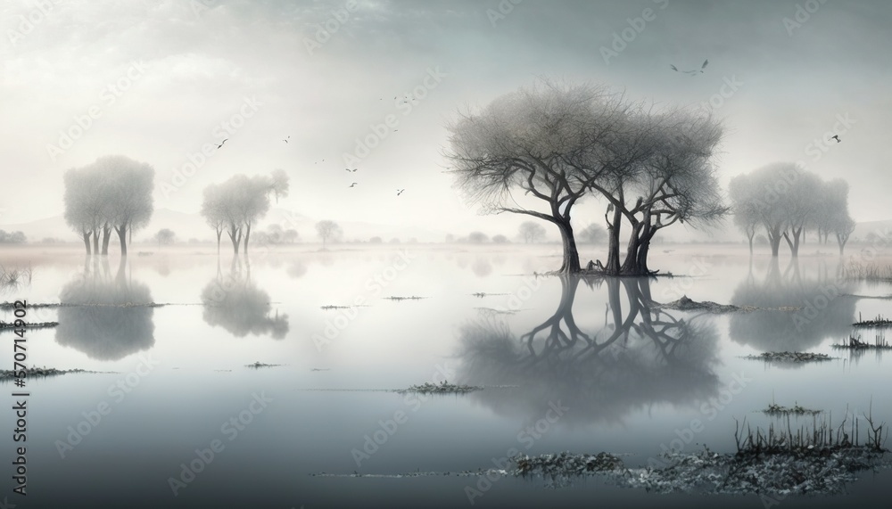  a group of trees that are standing in the water near the shore of a body of water with birds flying