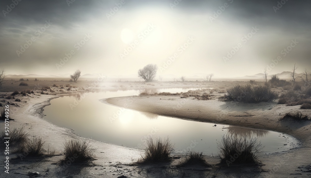  a small lake surrounded by dry grass and a tree in the distance with a dark sky in the background w