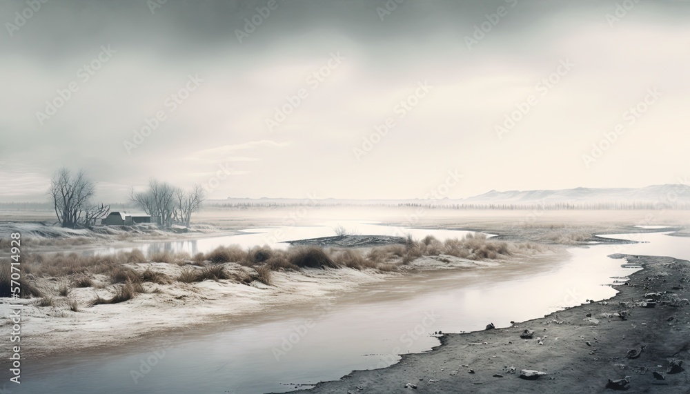  a river running through a dry grass covered field next to a field with a house on top of it and a c