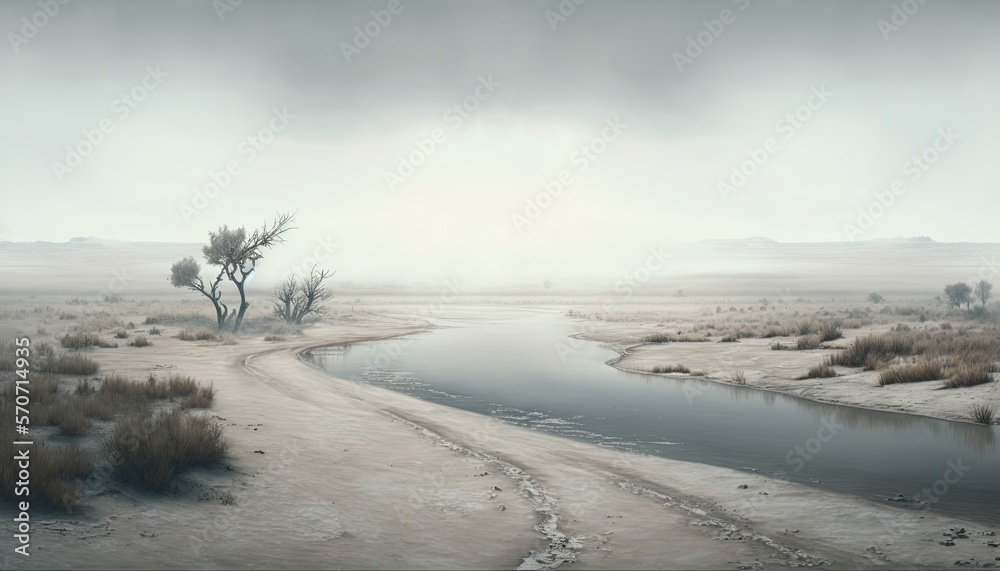  a river running through a dry grass covered desert landscape with a lone tree in the foreground and