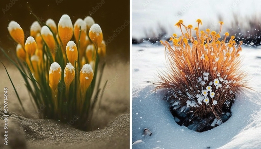  two pictures of flowers in the snow and a picture of a plant with snow on the top and bottom of the