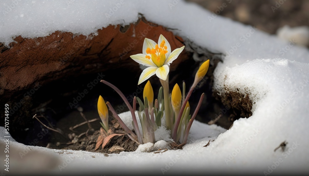  a small group of yellow and white flowers in the middle of a snow covered ground with a hole in the