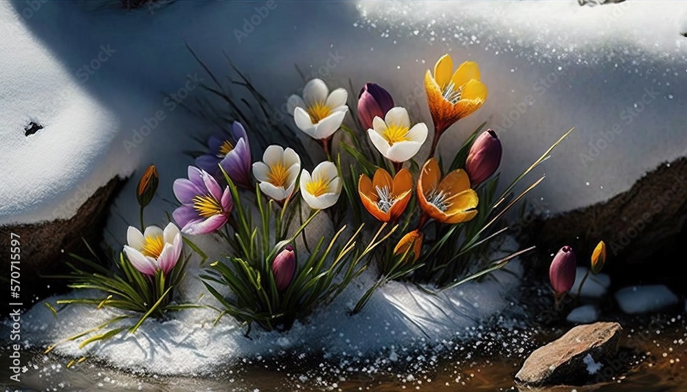  a painting of flowers in the snow on a rock by a stream with snow on the ground and rocks in the fo