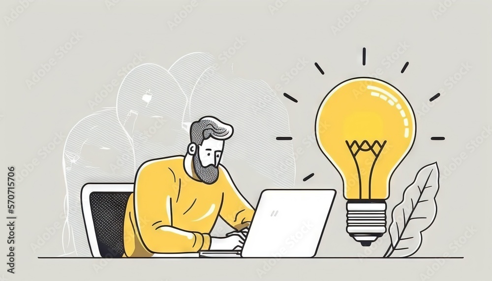  a man sitting at a desk with a laptop and a light bulb above his head and a plant in front of him o