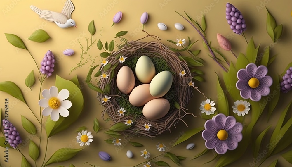  a painting of a bird nest with three eggs in the nest surrounded by flowers and leaves and a bird f