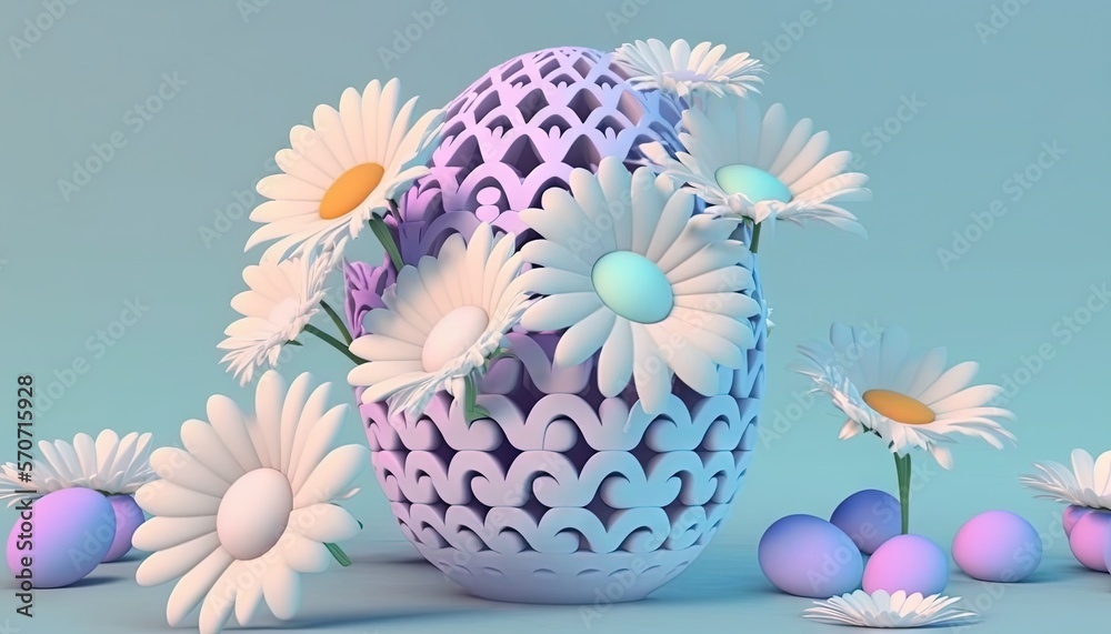  an egg with flowers and eggs on a blue background with pastel colors and a pattern of flowers and e