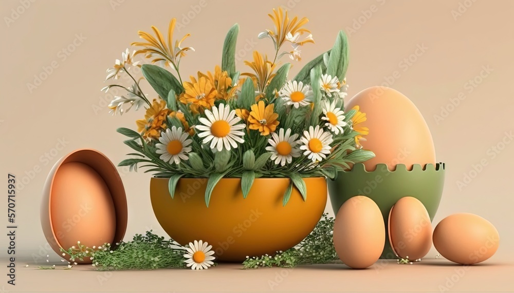  an egg shell with flowers in it next to some eggs on the ground and a vase with flowers in it on a 