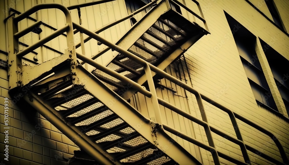  a fire escape staircase next to a brick wall with a window on the side of it and a door on the side