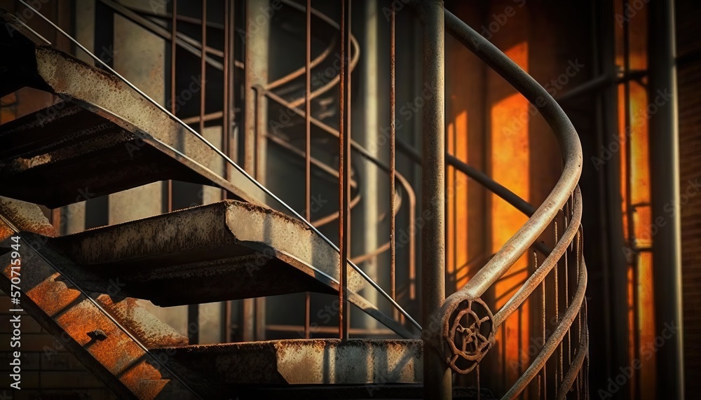  a set of metal stairs leading up to a building with a window in the back ground and a door in the f