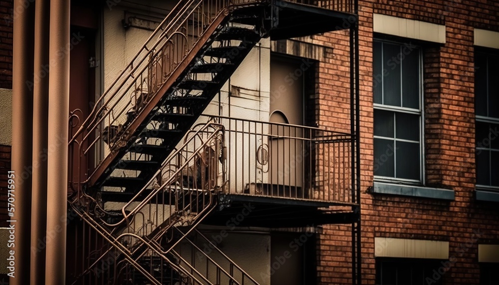  a fire escape on the side of a building with a fire hydrant in the foreground and a fire hydrant in