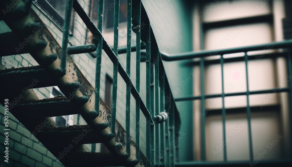  a stair case with bars and a brick wall behind it and a window in the background with bars on the s