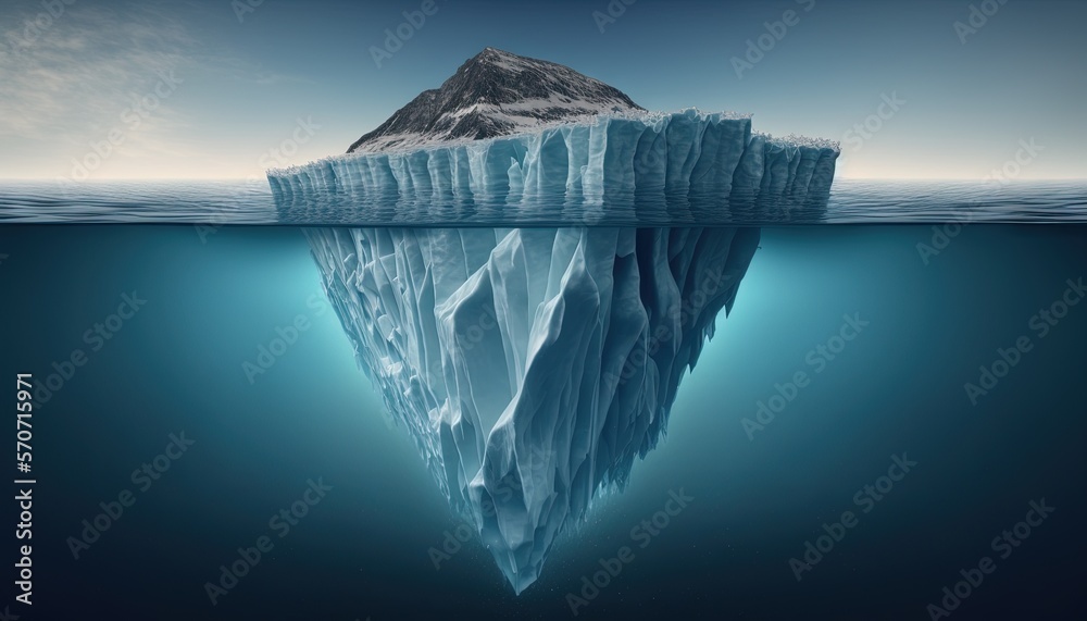  an iceberg floating in the ocean with a sky background and a small island in the middle of the wate