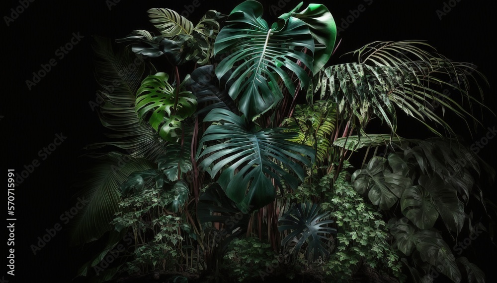  a bunch of plants that are on a black background with a black background and a green plant in the m