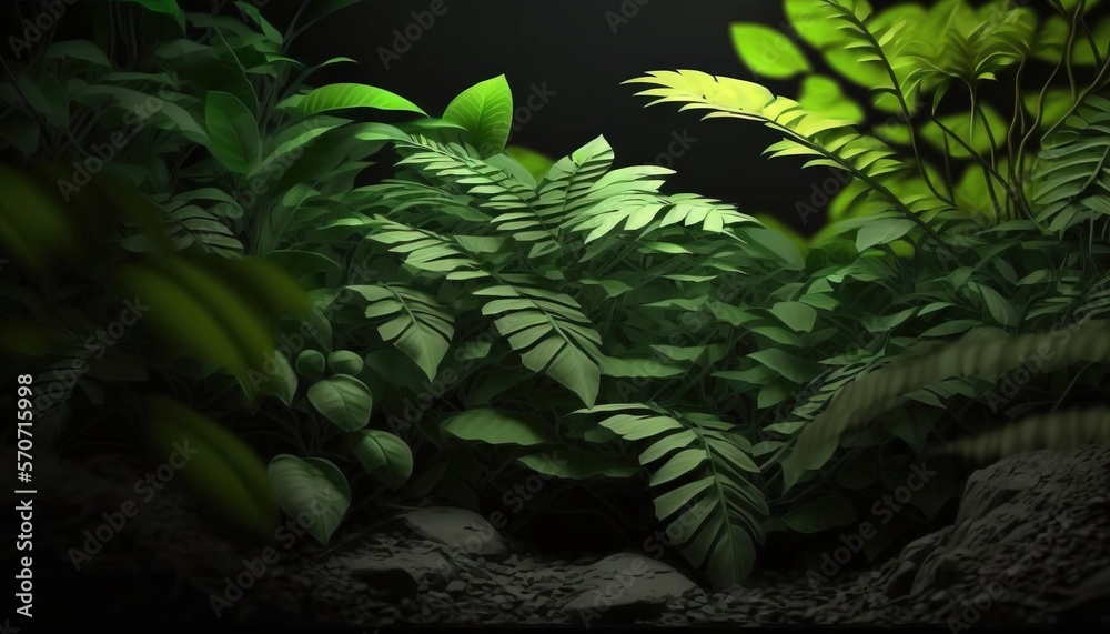  a green plant is growing out of a rock in a dark room with a black background and a black light in 