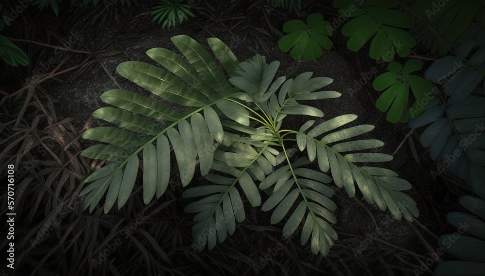  a green plant with large leaves in the dark forest with a dark sky in the back ground and a few gre