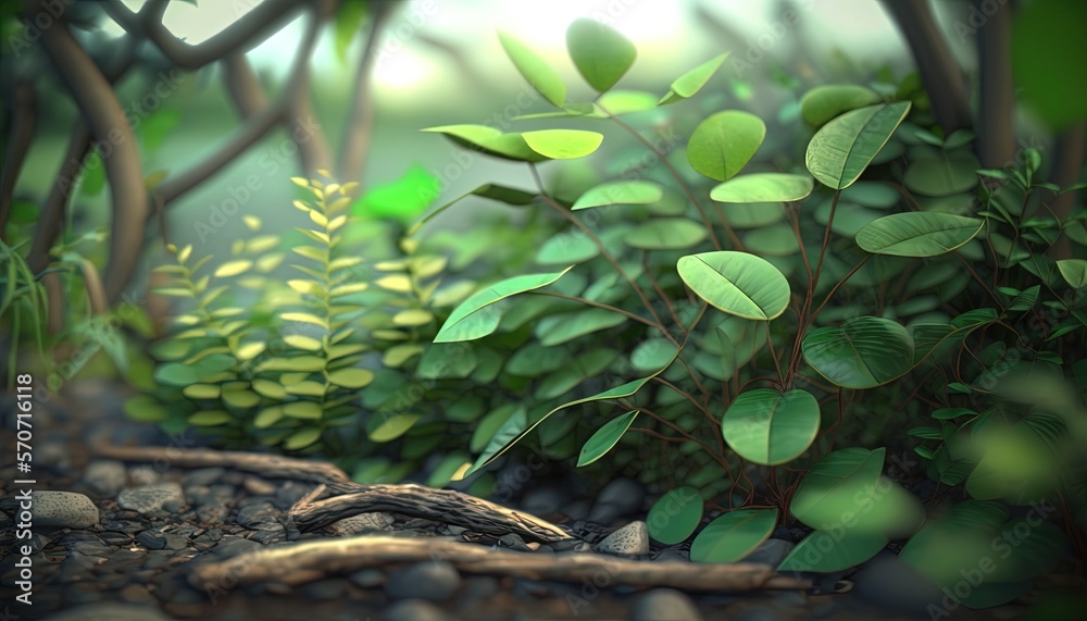  a picture of some plants and rocks in a forest area with sunlight coming through the trees and leav