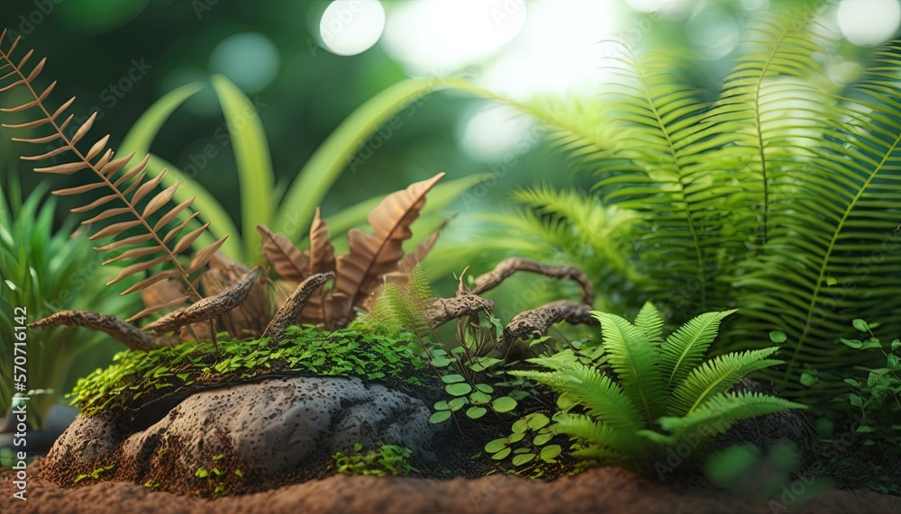  a close up of plants and rocks in a dirt area with a fern and other plants in the background and su