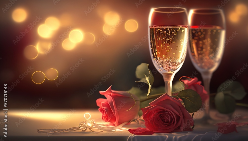  two glasses of champagne and a rose on a table with boke of lights in the background and boke of li