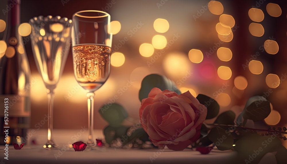  two champagne flutes and a rose on a table with lights in the back ground and a bottle of wine in t