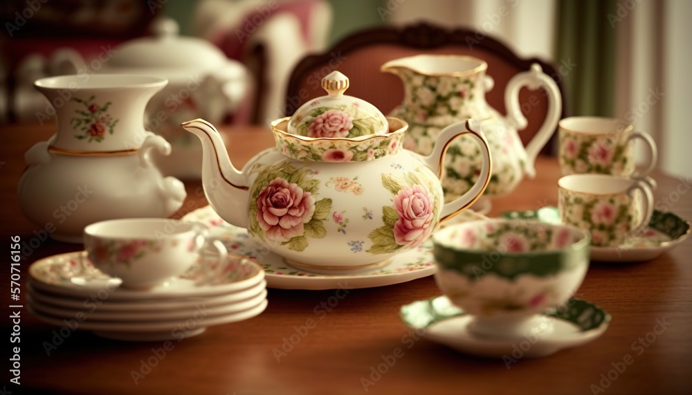  a table with a tea set on it and a plate on the table with a cup and saucer on it and a plate with 