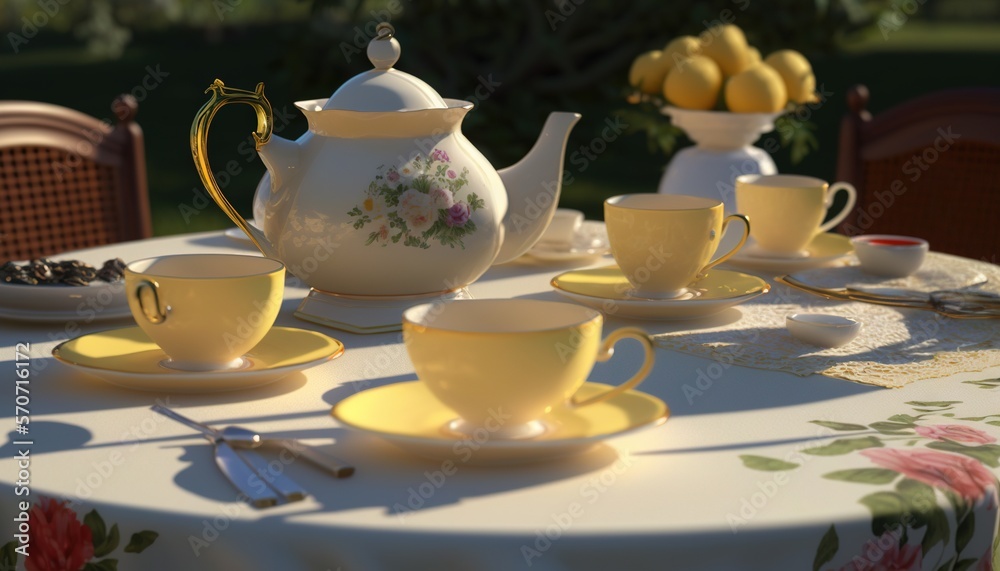  a table with a white table cloth and yellow cups and saucers and a tea pot and a plate with lemons 