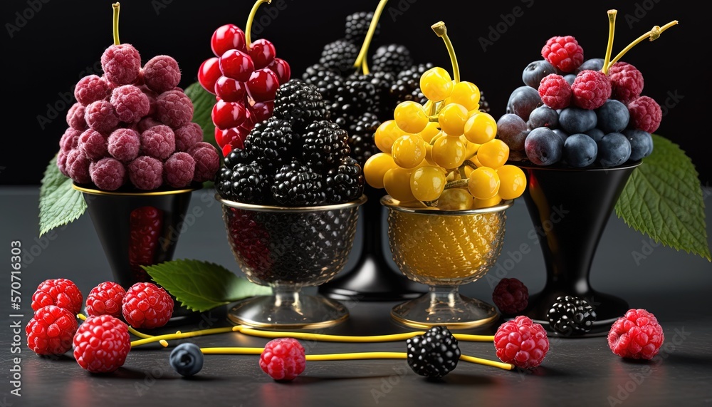  a group of fruit in black bowls with green leaves and raspberries and blueberries and raspberries a