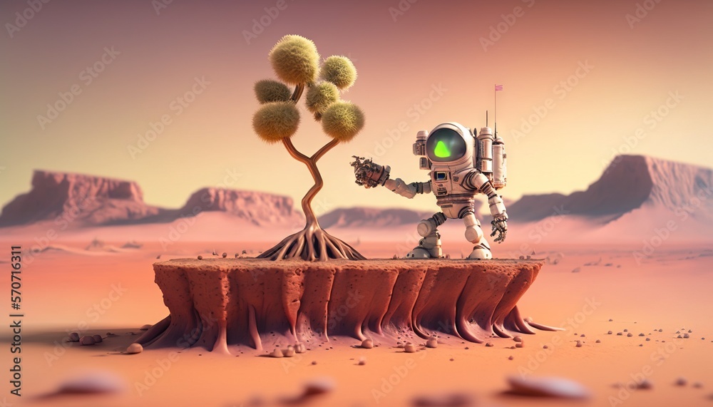  a robot is standing on a desert island with a cactus in his hand and pointing at a green light in h