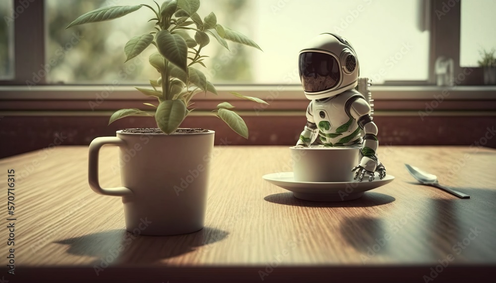  a small robot sitting next to a plant in a coffee cup on a table next to a fork and spoon on a sauc