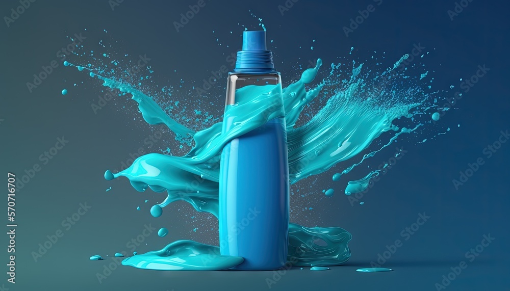  a blue bottle with a splash of blue liquid coming out of it and a blue cap on the top of the bottle