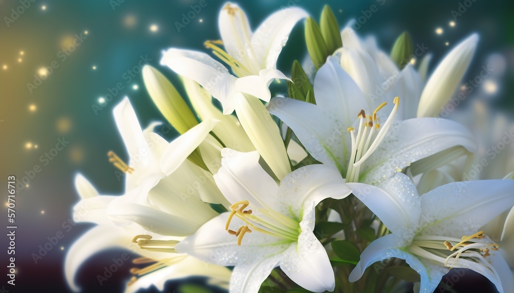  a bouquet of white lilies in a vase on a blue and green background with stars in the sky behind it 