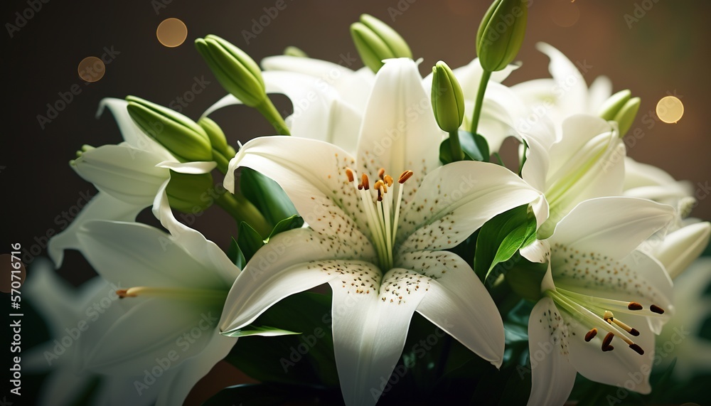  a bouquet of white lilies in a vase on a table with lights in the backgroup of the picture behind i