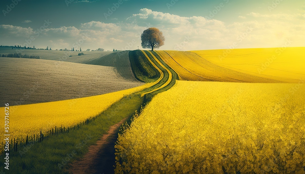  a yellow field with a lone tree in the middle of the field and a path leading to the top of the hil