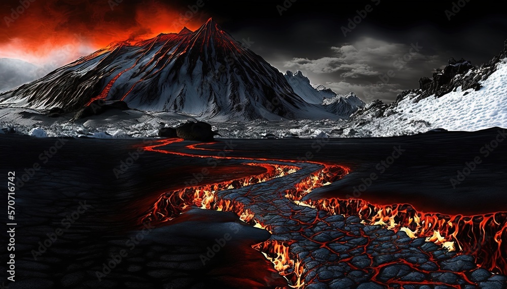  a fire trail in the middle of a mountain with a red glow coming from the top of the mountain and a 