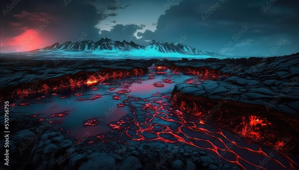  a painting of a lava landscape with a mountain in the background and a red glow in the water at the