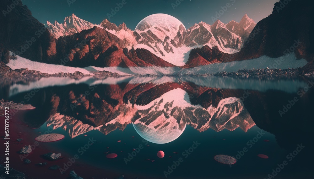  a mountain range with a full moon in the sky and a body of water with rocks in the foreground and a