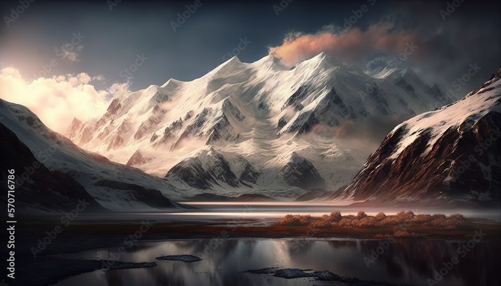  a painting of a mountain range with a lake in the foreground and clouds in the sky above it, with a