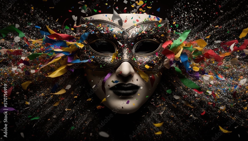  a mask with confetti and streamers all around it and a womans face is covered in confetti and stre