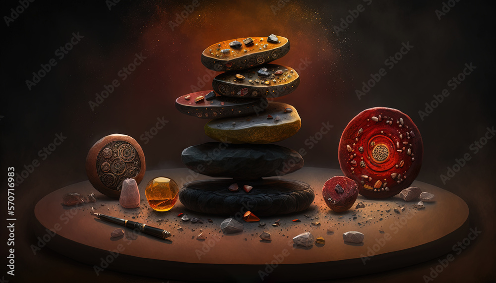  a painting of a pile of rocks with a red object on top of it and a pen in the middle of the picture