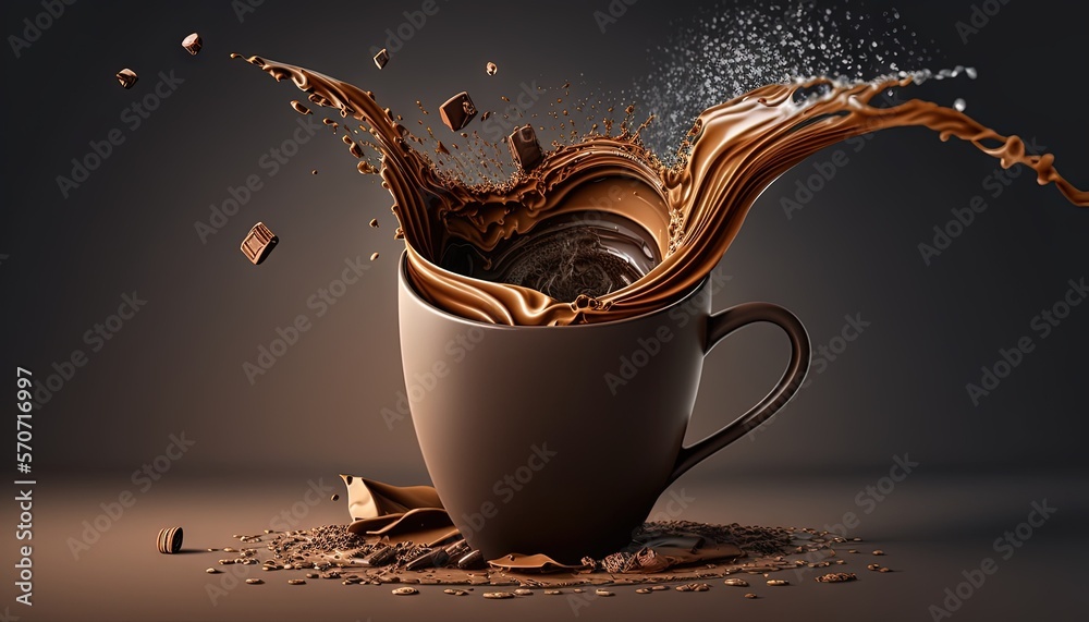  a coffee cup with chocolate splashing out of it and a chocolate bar in the middle of the cup, on a 