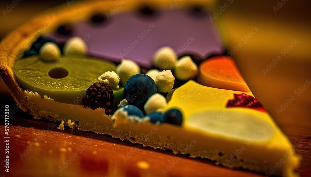  a slice of cake with various toppings on a wooden table with a purple and yellow background and a w