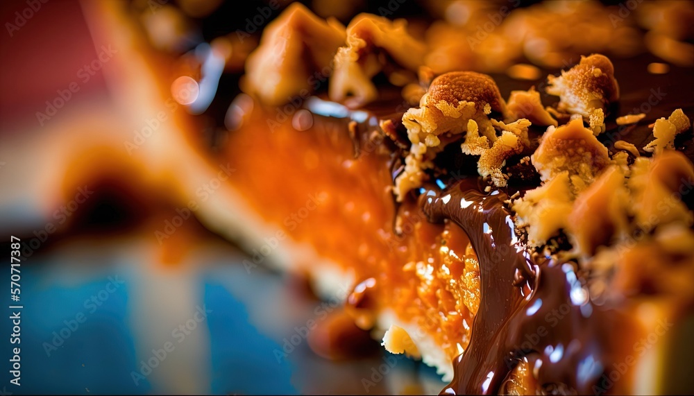  a close up of a piece of cake with chocolate sauce and nuts on top of it and drizzled with chocolat