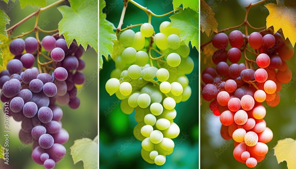  a bunch of grapes hanging from a vine in four different colors of the same color and size, with gre