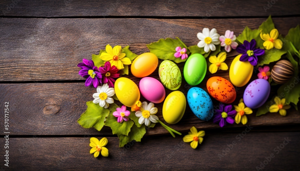  a bunch of colorful eggs sitting on top of a wooden table next to flowers and leaves on top of a wo