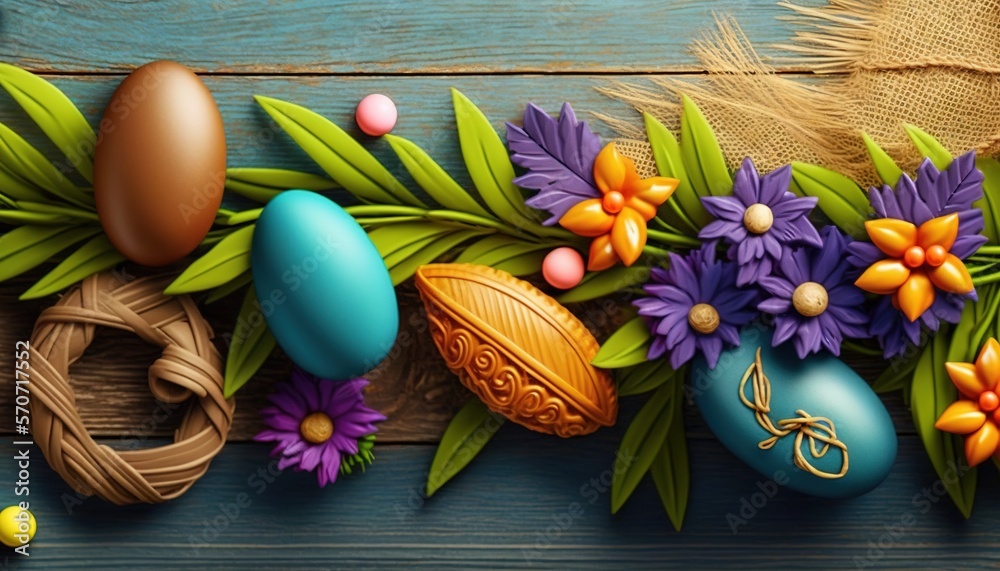  a wooden table topped with colorful easter eggs and purple and yellow flowers and leaves on top of 